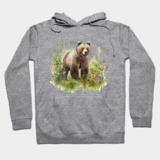Watercolor picture of a brown bear and beautiful colored flowers. Hoodie